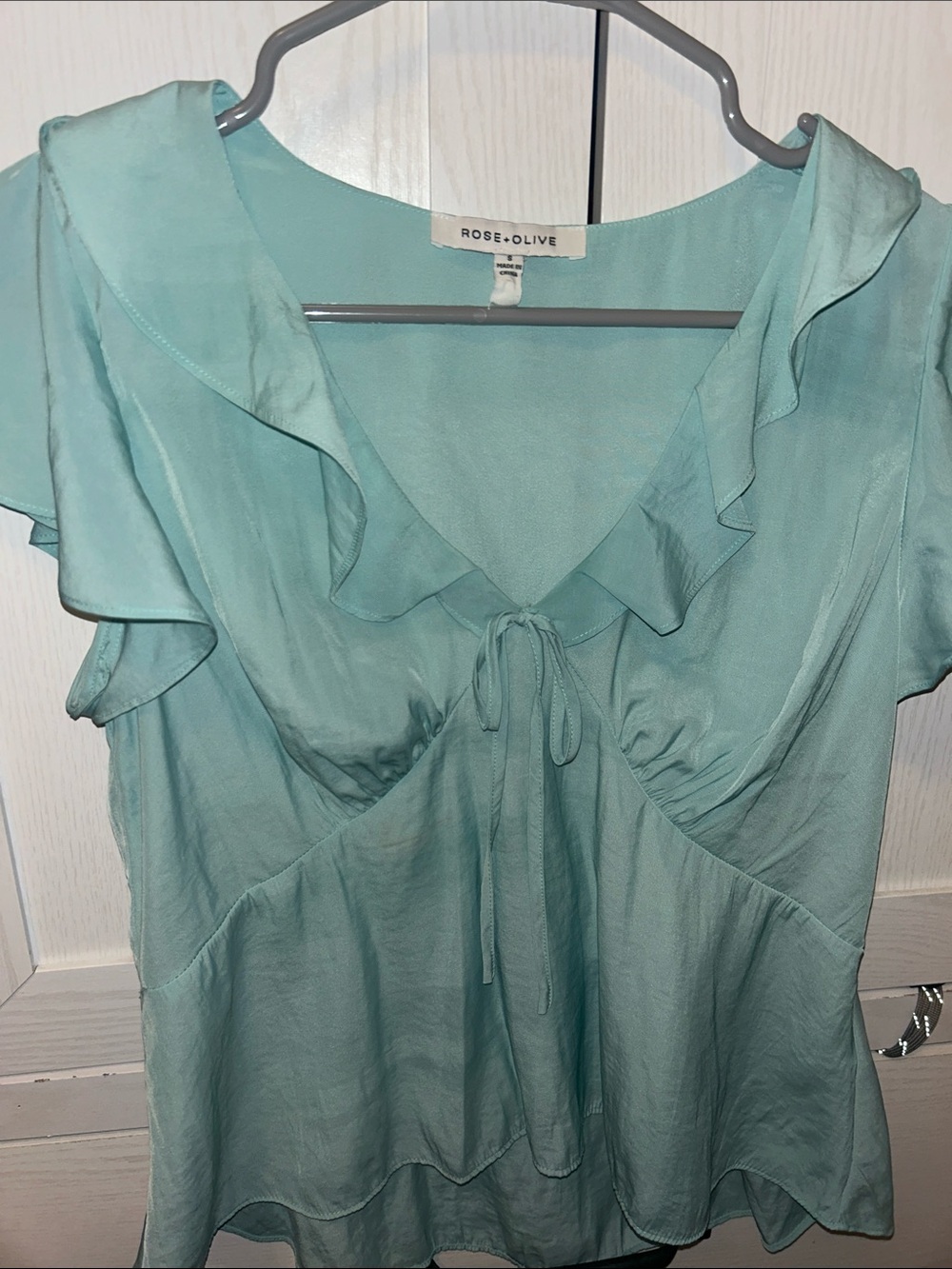 Rose & Olive Seafoam Ruffle Tie-Front Women's Top